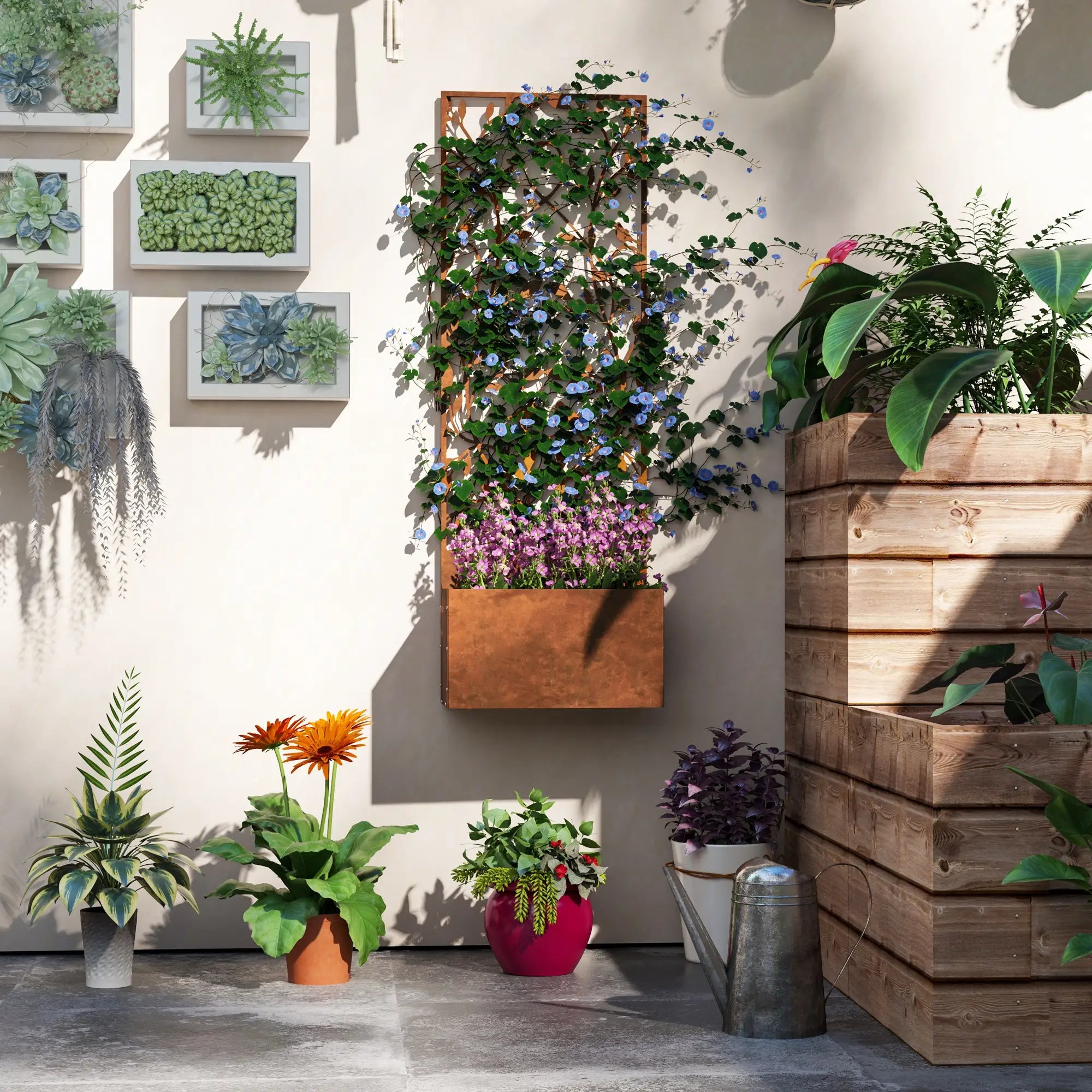 Raised Garden Bed with Privacy Screen, Metal Planter Box, Trellis, Brown Raised Garden Beds at Gallery Canada