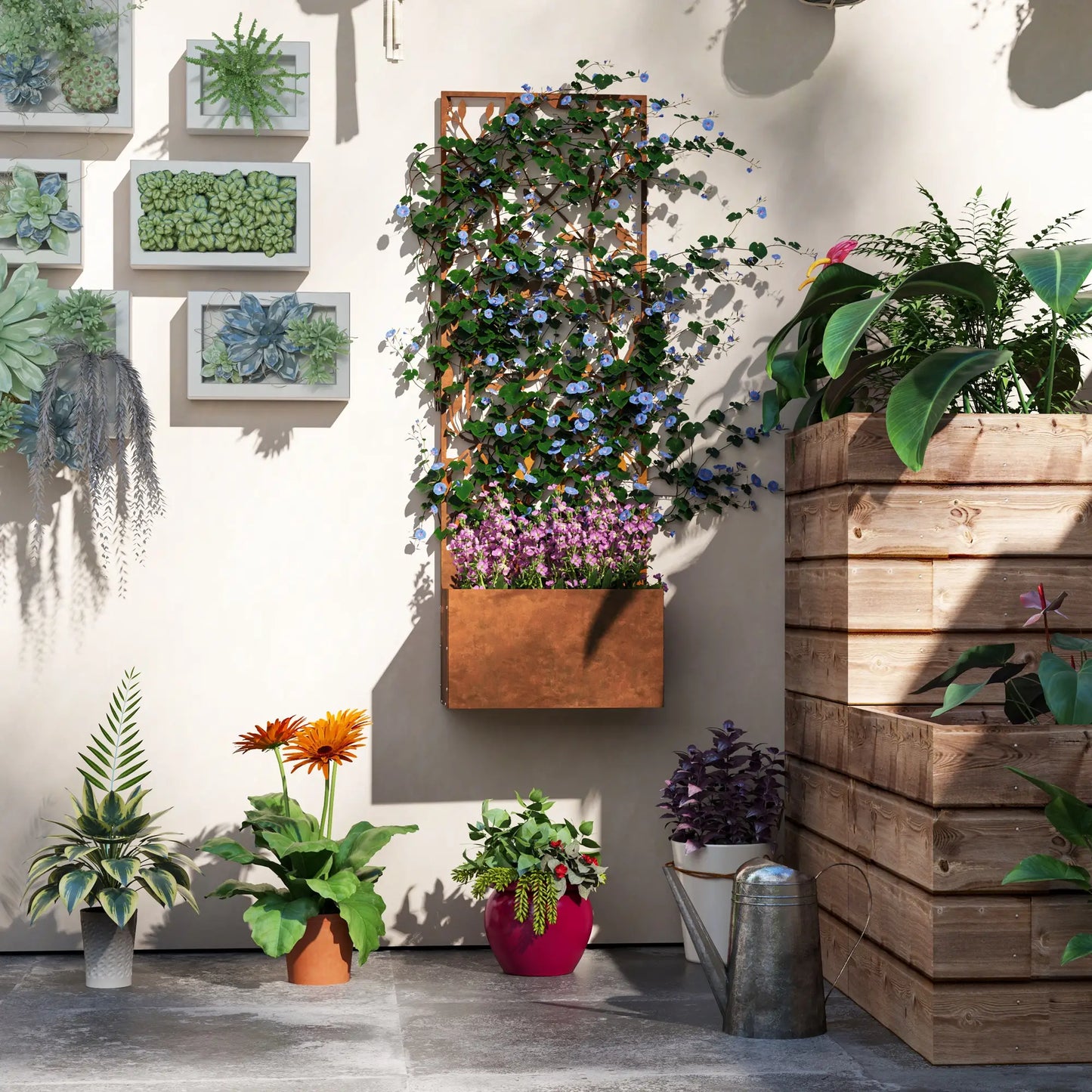 Raised Garden Bed with Privacy Screen, Metal Planter Box, Trellis, Brown Raised Garden Beds at Gallery Canada