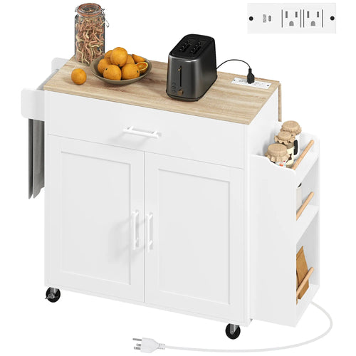 Kitchen Island with Storage, Rolling Cart, Foldable Drop Leaf, Power Outlet, USB Ports, White