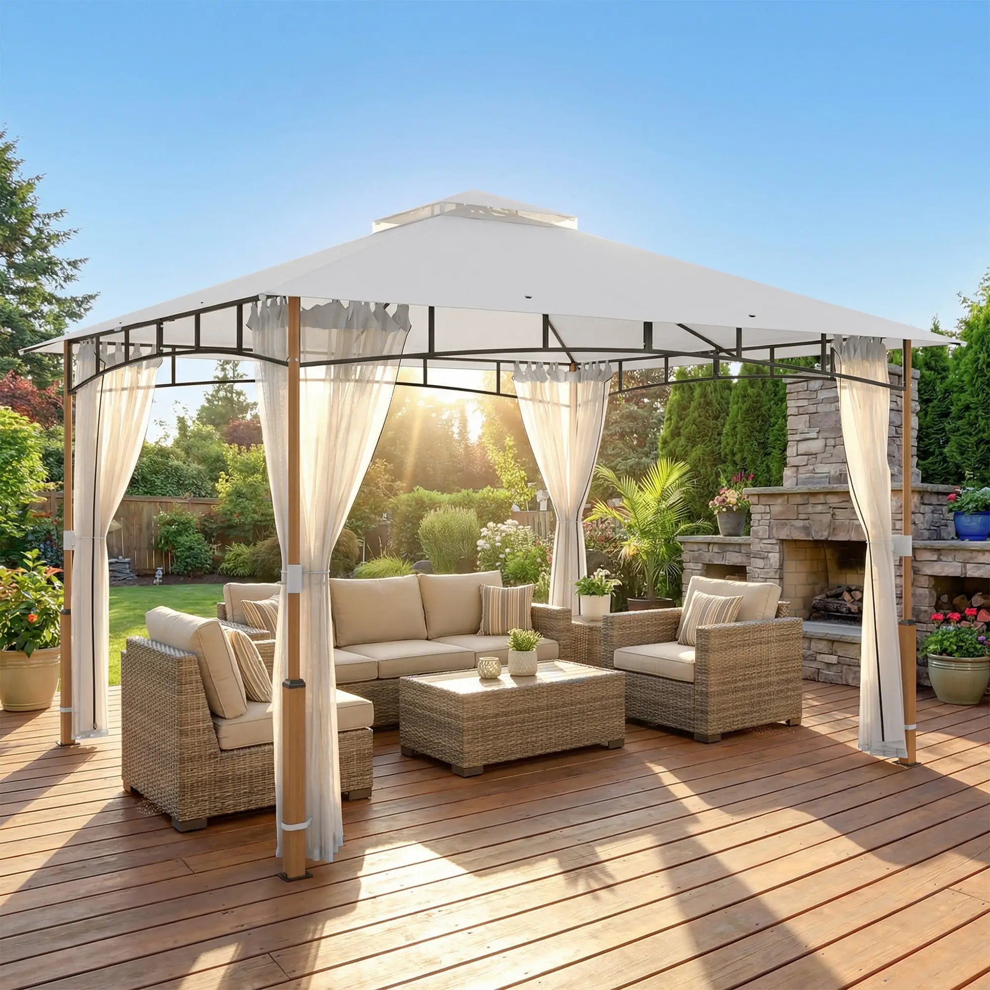 10' x 12' Cream White Patio Gazebo, UPF50+ Double Roof With Netting, Cream White Gazebos at Gallery Canada