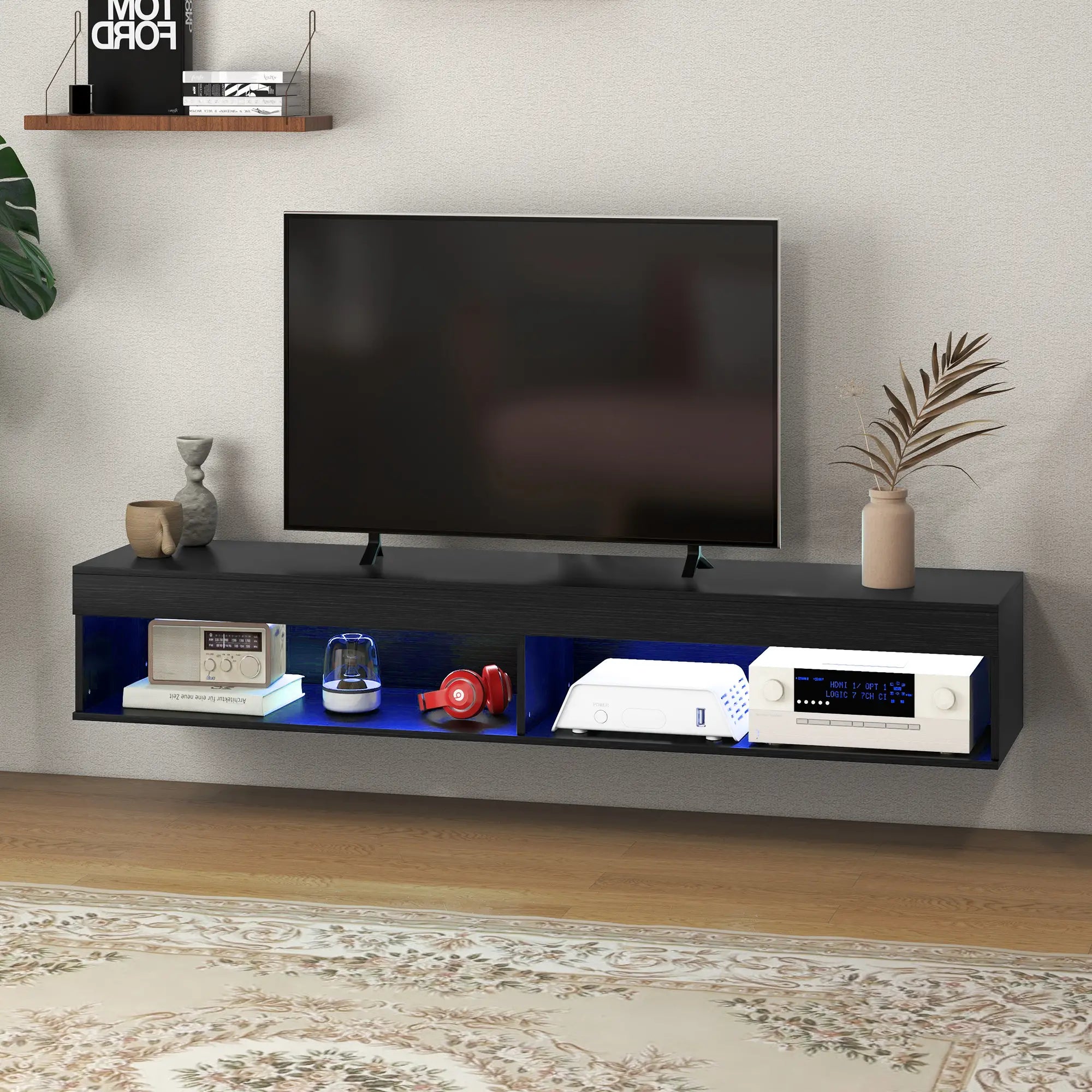 Wall Mounted TV Stand with Storage, LED Lights, 75