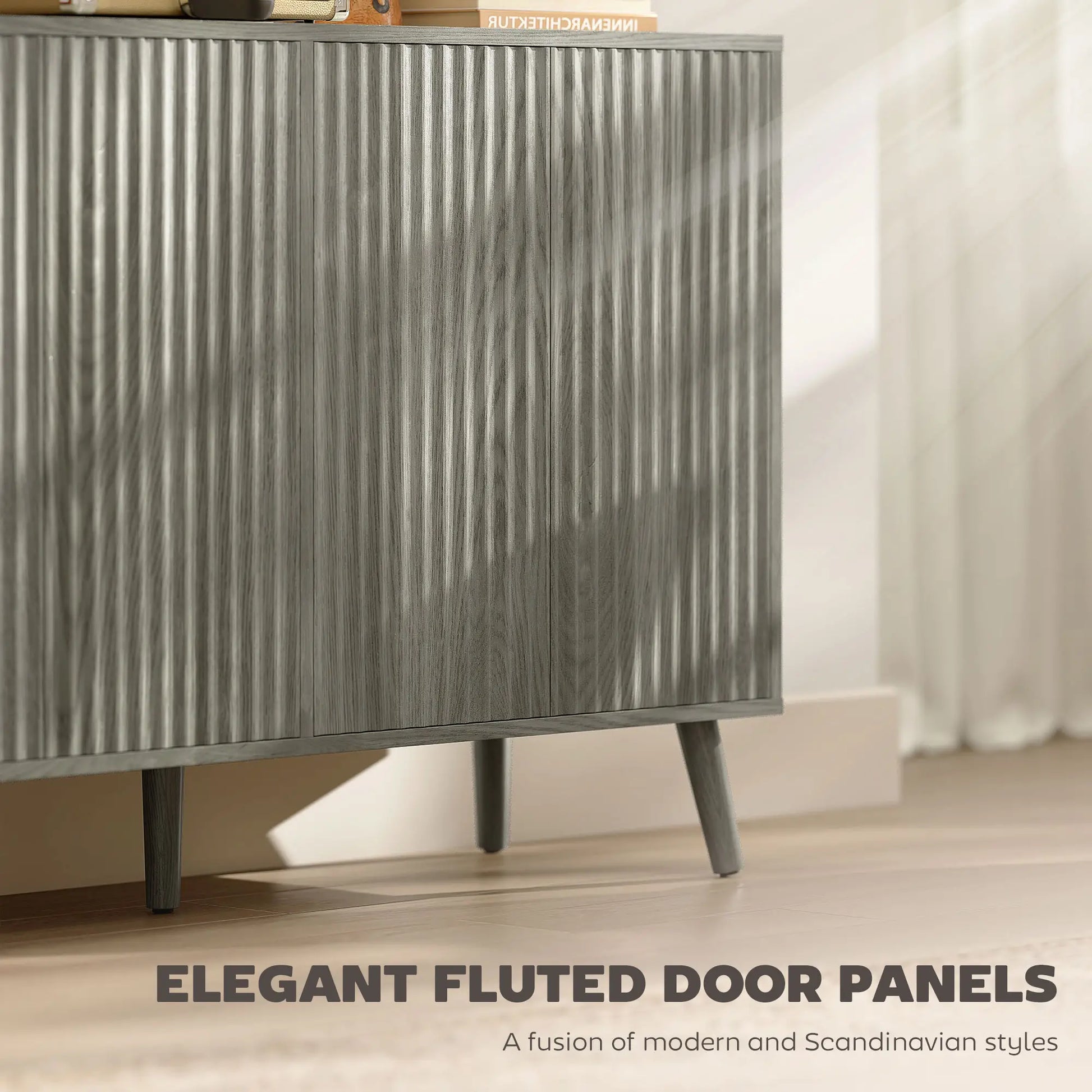 Fluted Sideboard with Adjustable Shelves, Light Grey Bar Cabinets at Gallery Canada