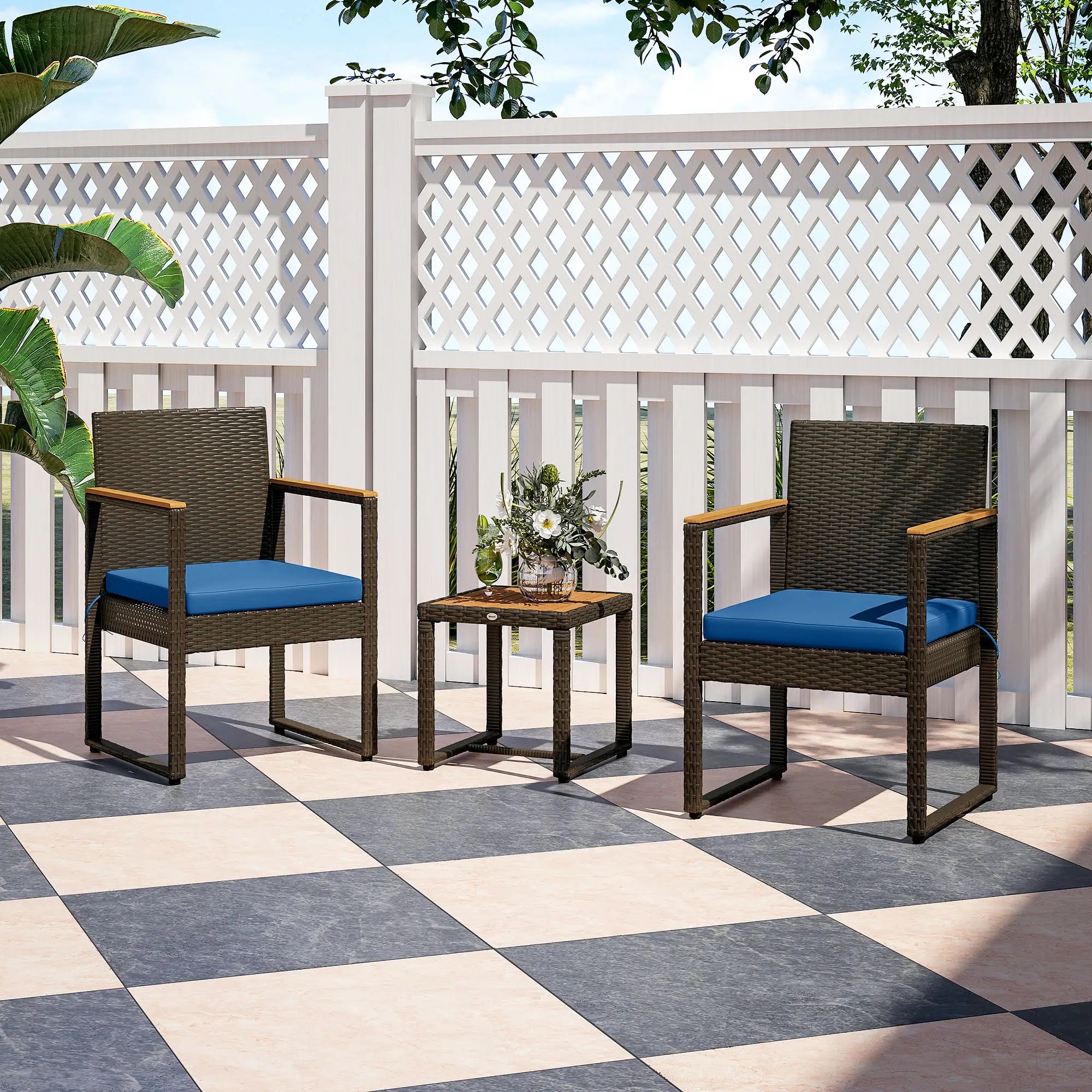 3-Piece Wicker Patio Set, Rattan Bistro, Acacia Table, Dark Blue Bistro Sets at Gallery Canada