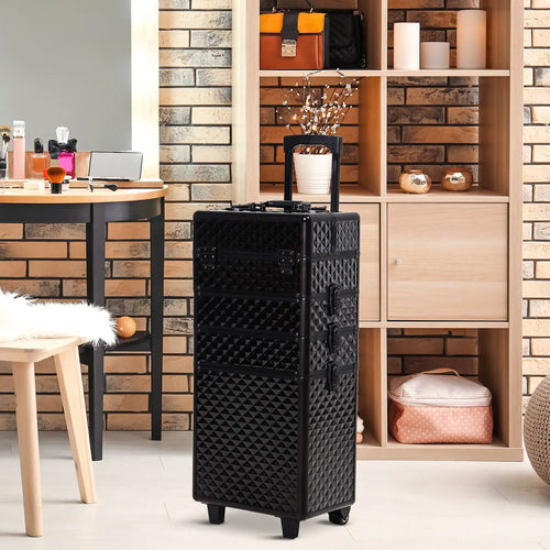 Portable Aluminum Makeup Train Case, 4 in 1, 2 Wheels, Multiple Compartments