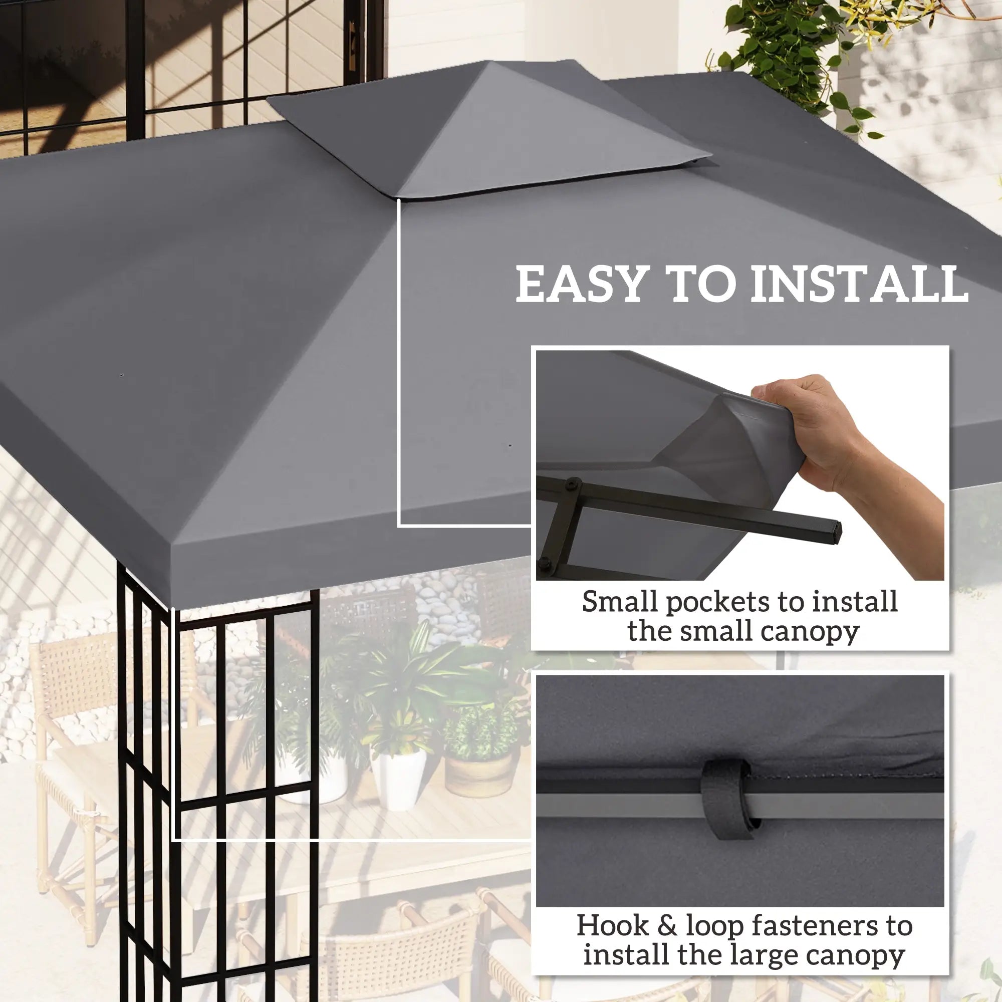 10' x 10' Square 2-Tier Gazebo Canopy Cover, Dark Grey Gazebo Canopy Replacement at Gallery Canada