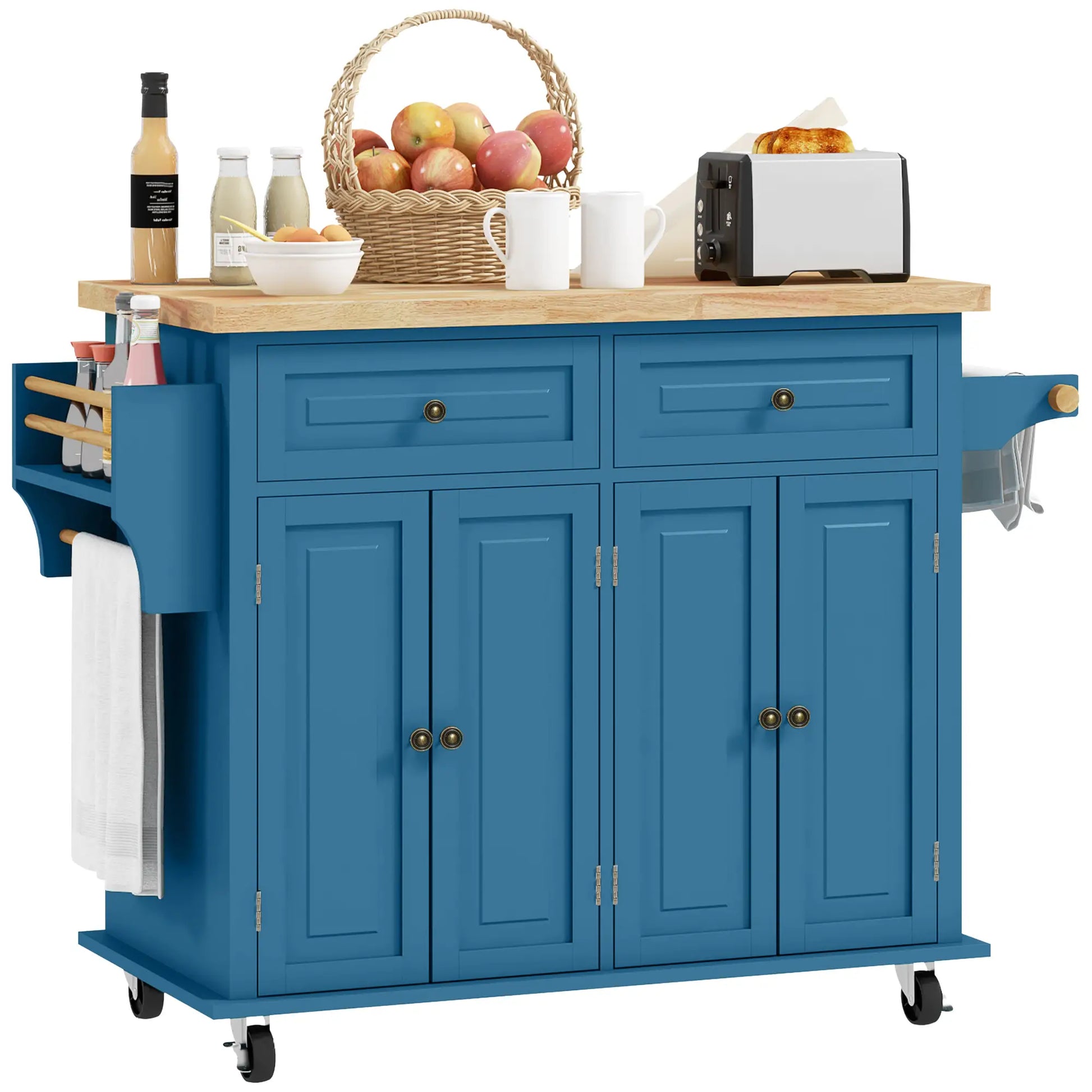 Kitchen Island with Storage, Rolling Cart, Rubber Wood Top, Blue Kitchen Islands & Kitchen Carts at Gallery Canada