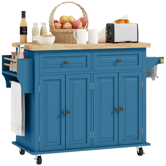 Kitchen Island with Storage, Rolling Cart, Rubber Wood Top, Blue Kitchen Islands & Kitchen Carts Blue at Gallery Canada