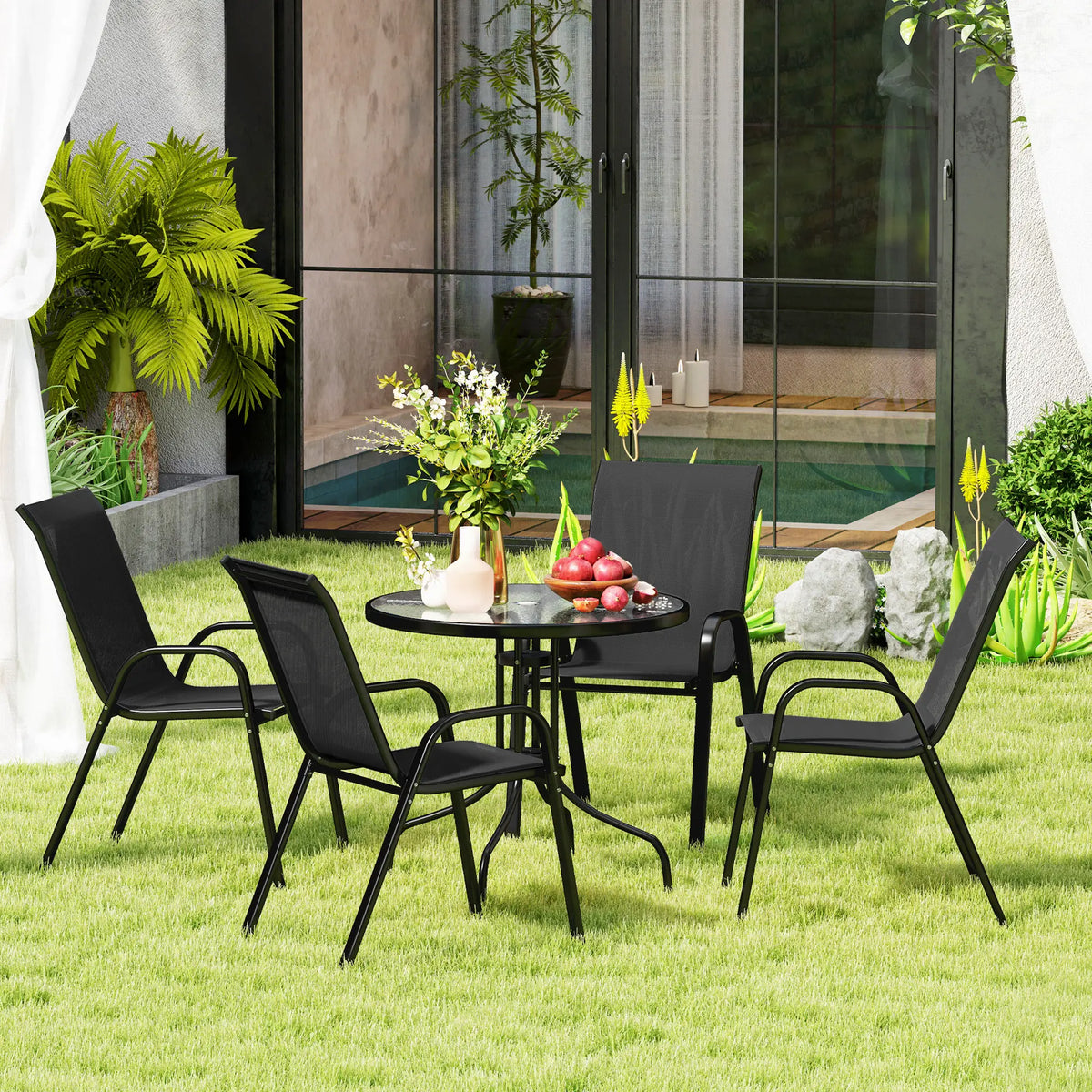 Five-Piece Steel Patio Set, Glass-Top Table, Black