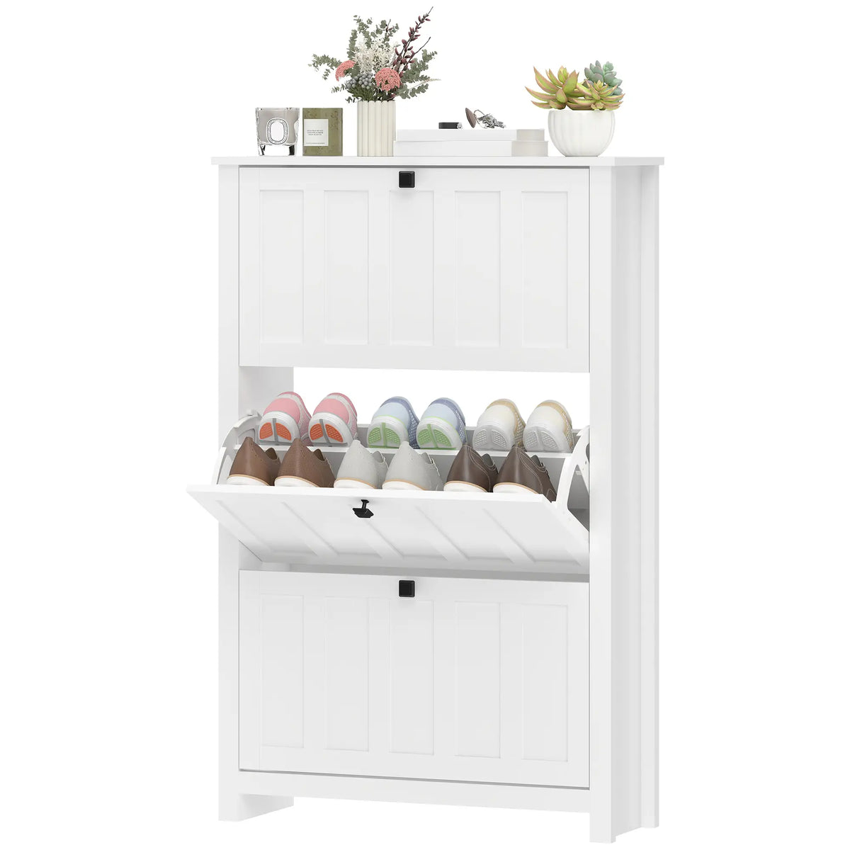 Slim Shoe Cabinet, 3 Flip Drawers, Adjustable Shelves, Holds 18 Pairs, White Shoe Storage Cabinets & Racks White at Gallery Canada