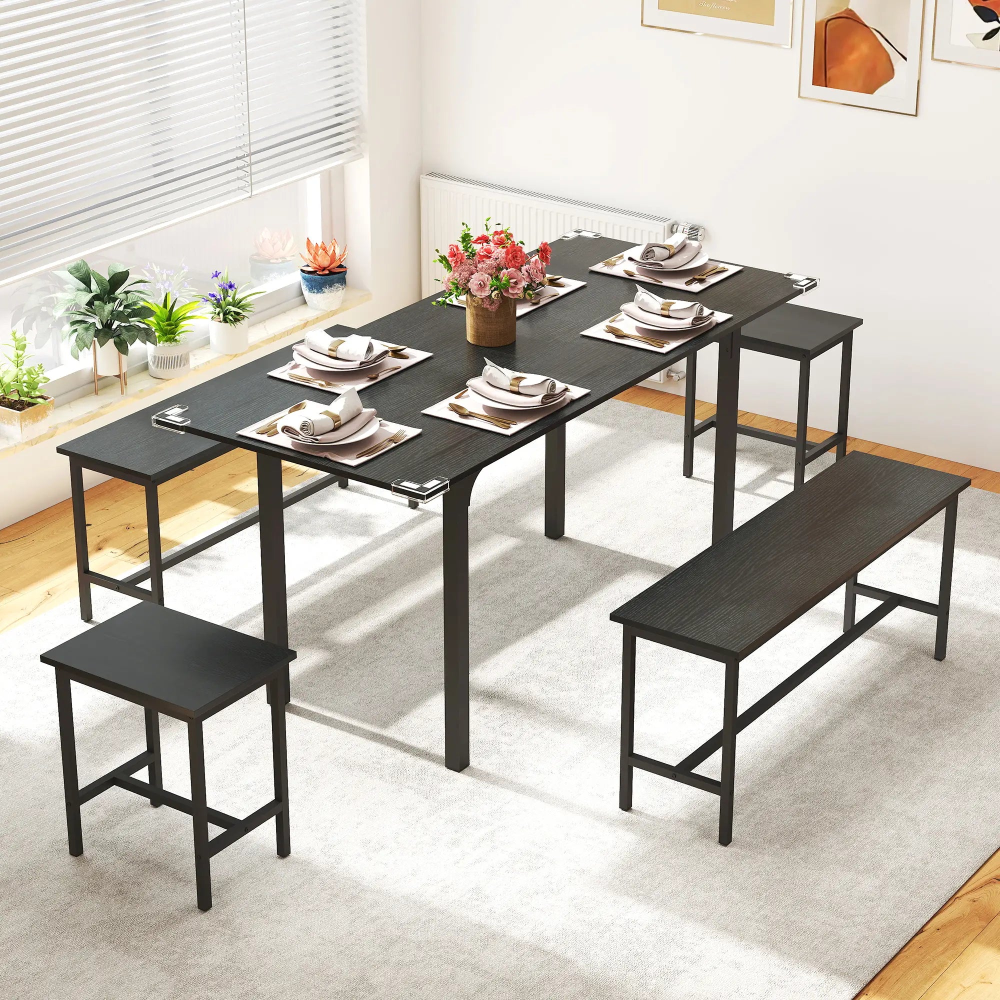 Extendable Dining Table Set, 5-Piece for 4-6 with 2 Benches and 2 Stools, Black Dining Table Sets at Gallery Canada
