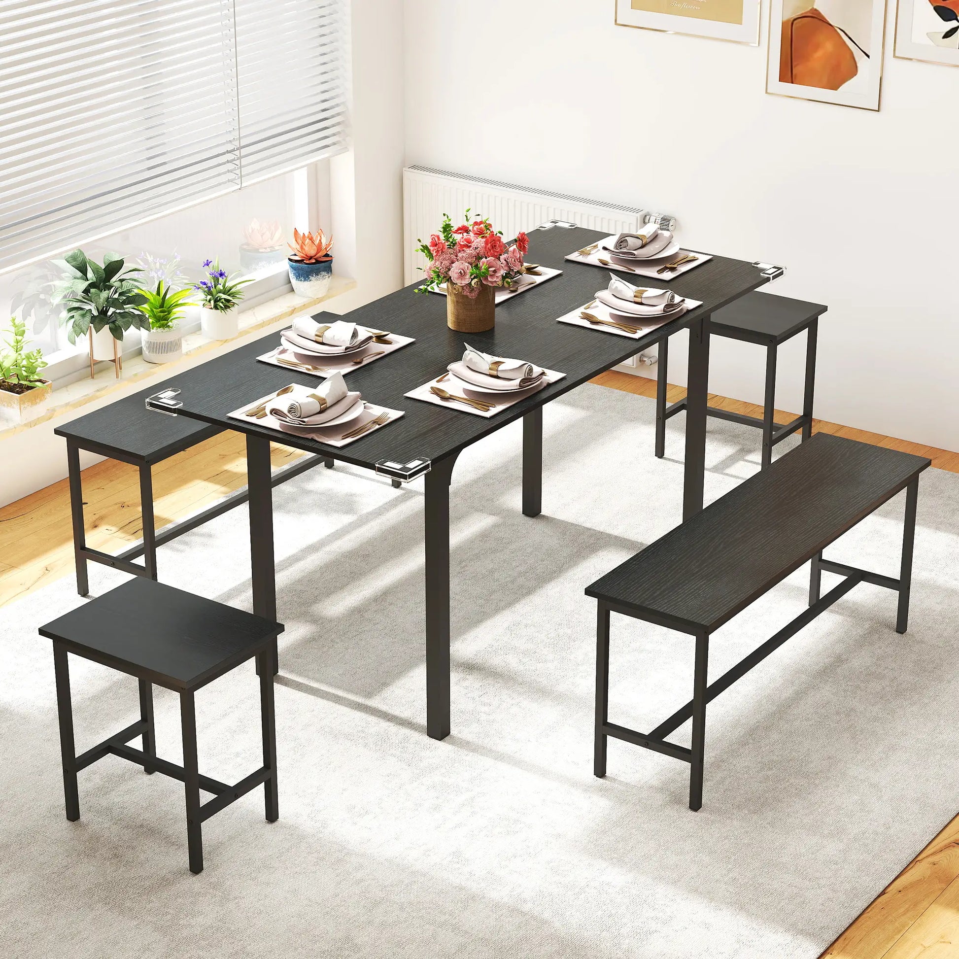 Extendable Dining Table Set, 5-Piece for 4-6 with 2 Benches and 2 Stools, Black Dining Table Sets at Gallery Canada