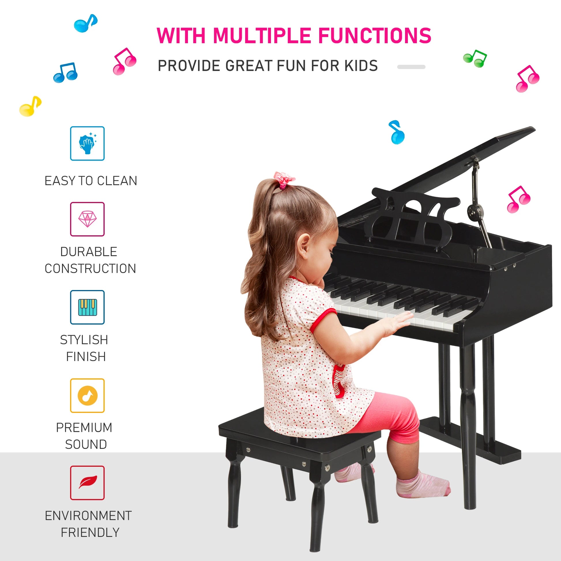 Modern Kids Piano, 30 Keys, Set of 2, Mini Toy, Grand Piano with Stand, Black Electronic Musical Pianos at Gallery Canada