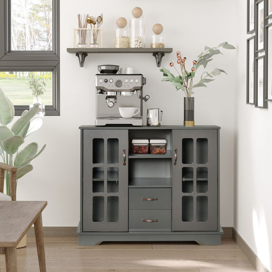 Modern Kitchen Sideboard with 2 Drawers, Coffee Bar Cabinet with Glass Doors Storage Cupboard and Open Shelf, Grey - Gallery Canada