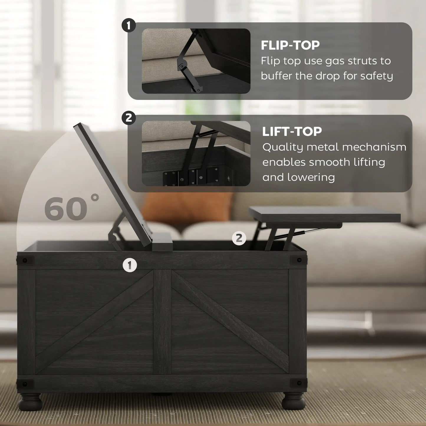 Lift Top Coffee Table, 32" Farmhouse Style, Hidden Compartment, Black Wood Grain, Black