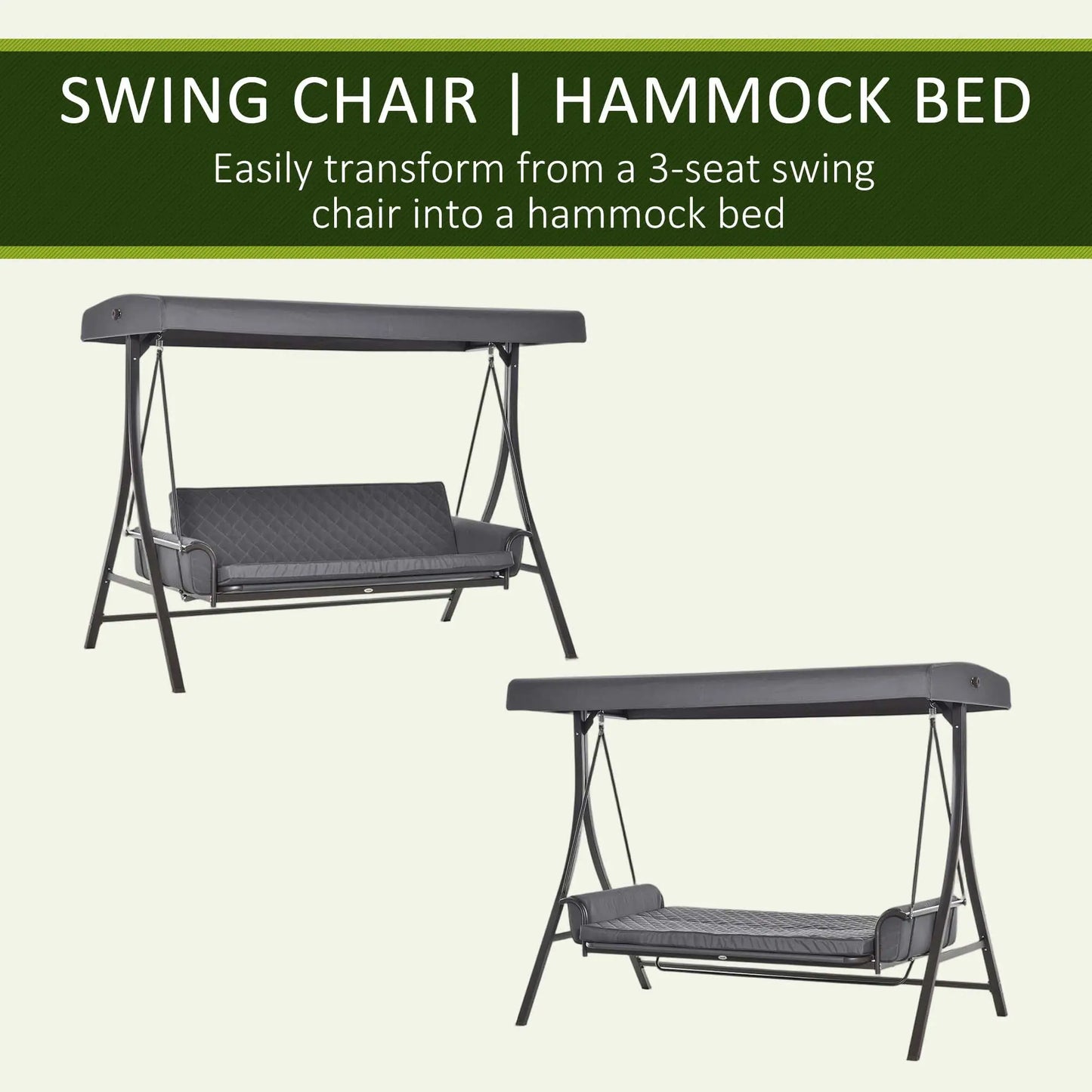 3 Person Porch Swing Bench, Adjustable Canopy, Cushions, Pillows, Dark Grey Porch Swings with Canopy at Gallery Canada