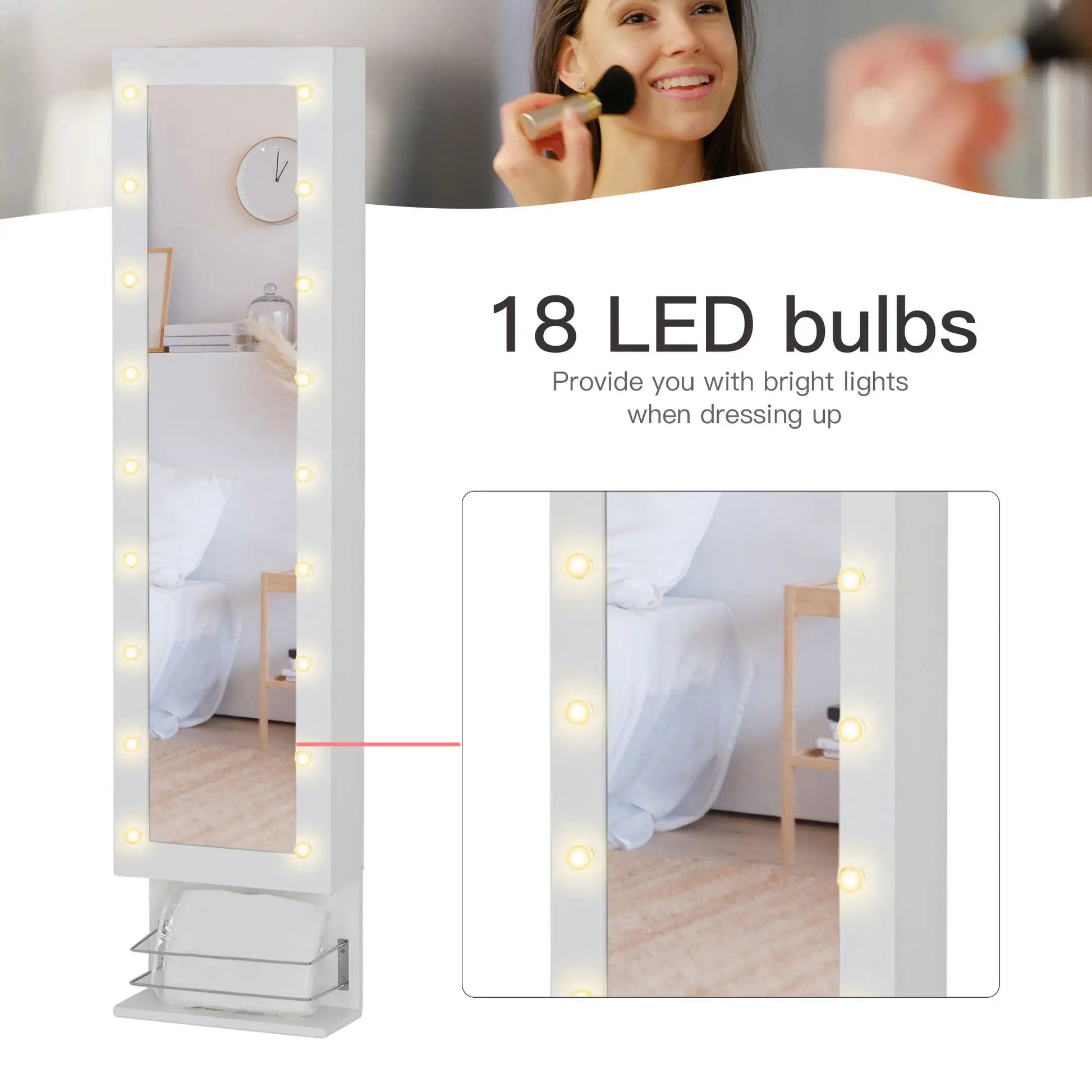 Mirror Jewelry Cabinet, LED Lights, Wall Mount, 3 Heights, Drawer, Shelf, White Jewelry Armoire & Jewellery Mirror Cabinets at Gallery Canada