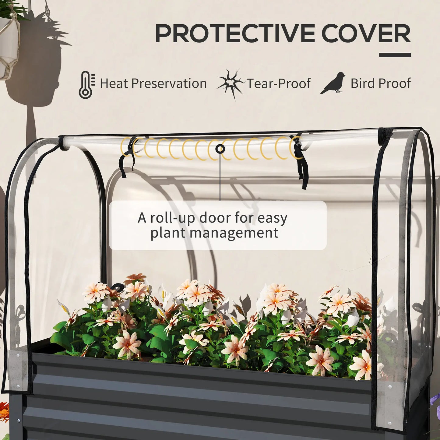 Metal Raised Garden Bed With Cover, With Bottom Shelf And Liner, Dark Grey