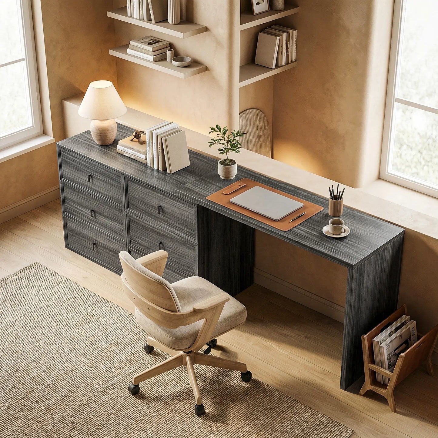 L Shaped Computer Desk, 6 Drawers, Wood Grain, Black Computer Desks at Gallery Canada