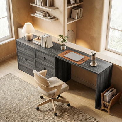L Shaped Computer Desk, 6 Drawers, Wood Grain, Black Computer Desks at Gallery Canada