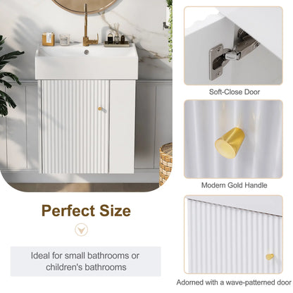 Floating Bathroom Vanity, Ceramic Basin, Right Storage, Rose Gold Handle, 21.5" L x 12" W x 26.5" H, White Sink Cabinets at Gallery Canada
