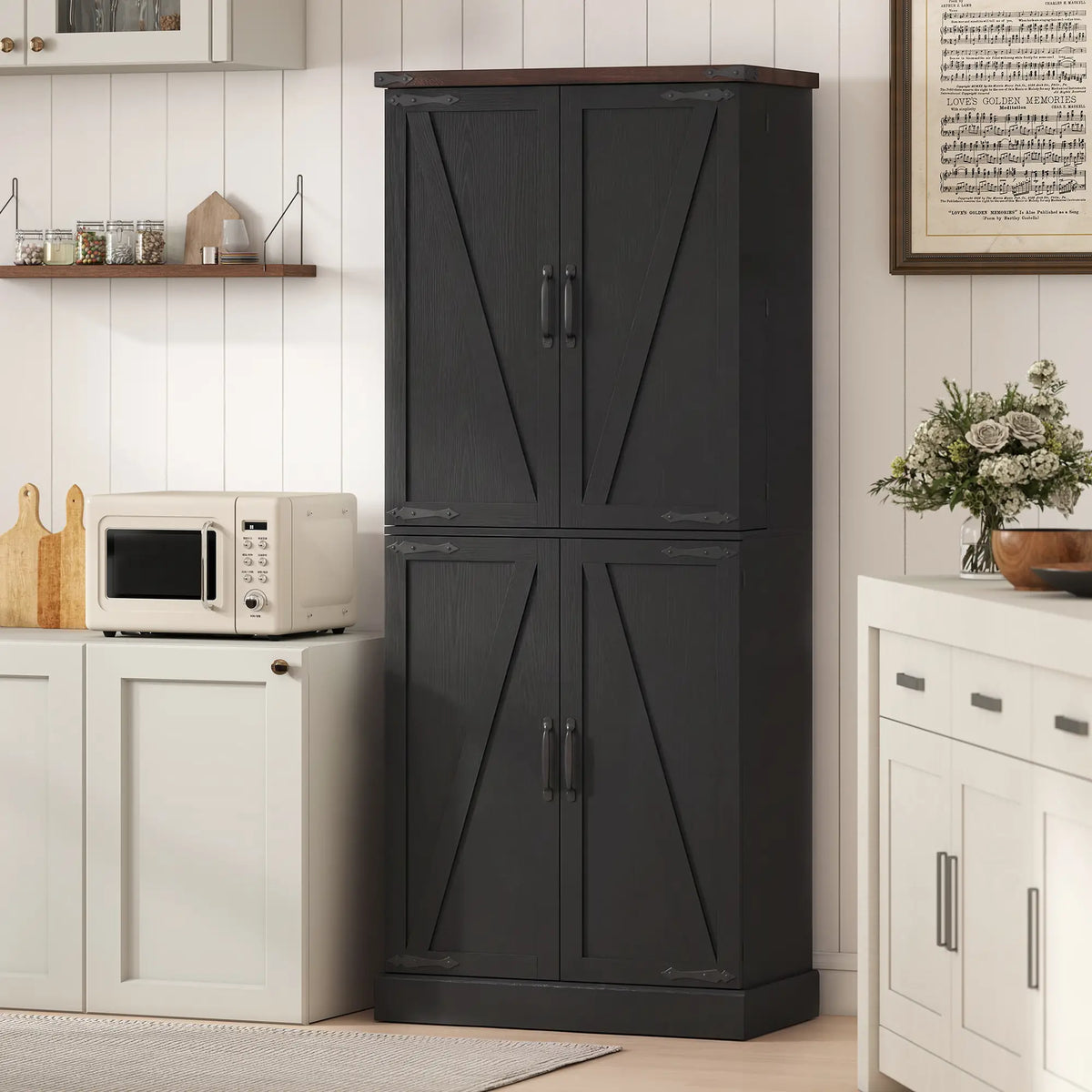 72" Tall Kitchen Pantry Cabinet, Farmhouse Storage Cabinet with 8 Door Racks and Adjustable Shelves, Black Kitchen Pantry Cabinets at Gallery Canada