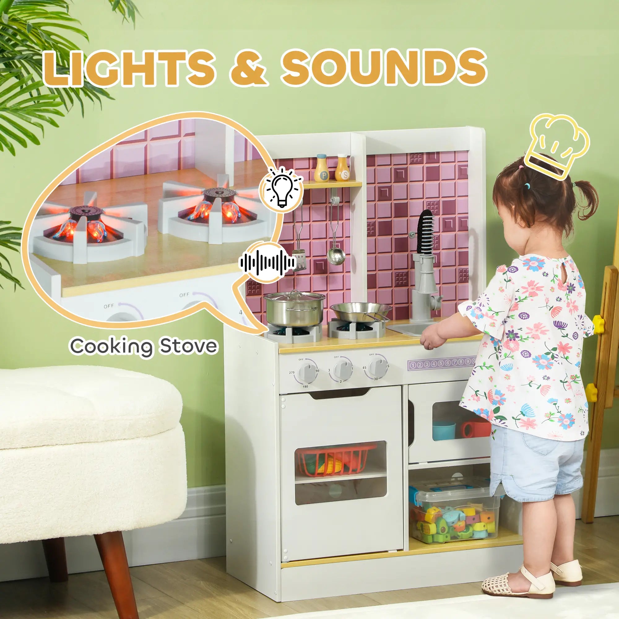 Kids Play Kitchen Set, Realistic Lights Sounds, Sink Oven Stove, White Play Kitchen at Gallery Canada