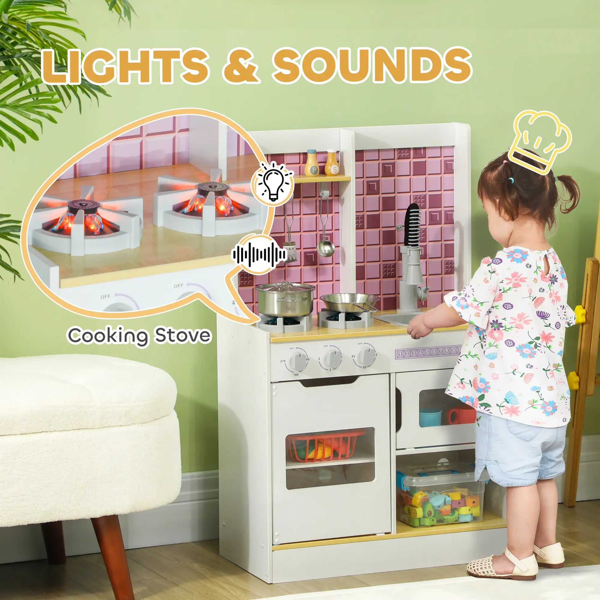 Kids Play Kitchen Set, Realistic Lights Sounds, Sink Oven Stove, White Play Kitchen at Gallery Canada