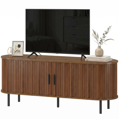 TV Stand for TVs up to 60", Modern Entertainment Center with Curved Sliding Doors, Walnut Brown