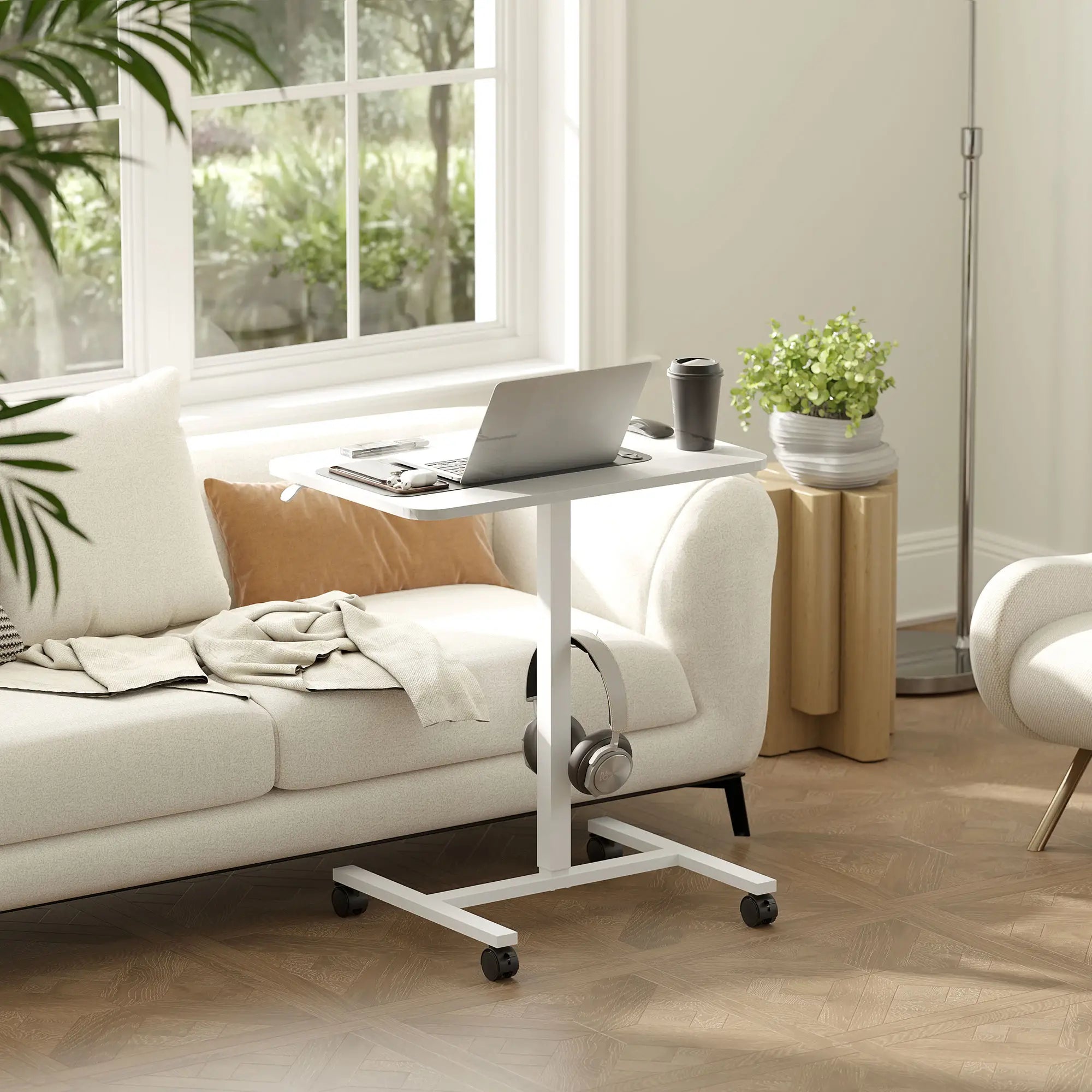 Height Adjustable Standing Desk, Pneumatic Sit Stand Desk, White Wood Grain, White Office Desks & Work Stations at Gallery Canada