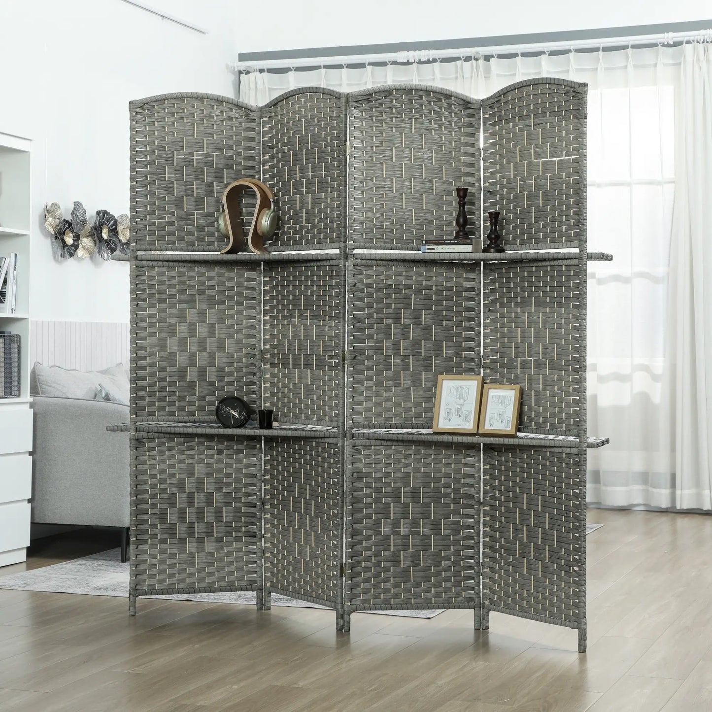 6 FT Privacy Screen, 4 Panel Room Divider With Shelves, Grey
