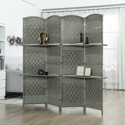 6 FT Privacy Screen, 4 Panel Room Divider With Shelves, Grey