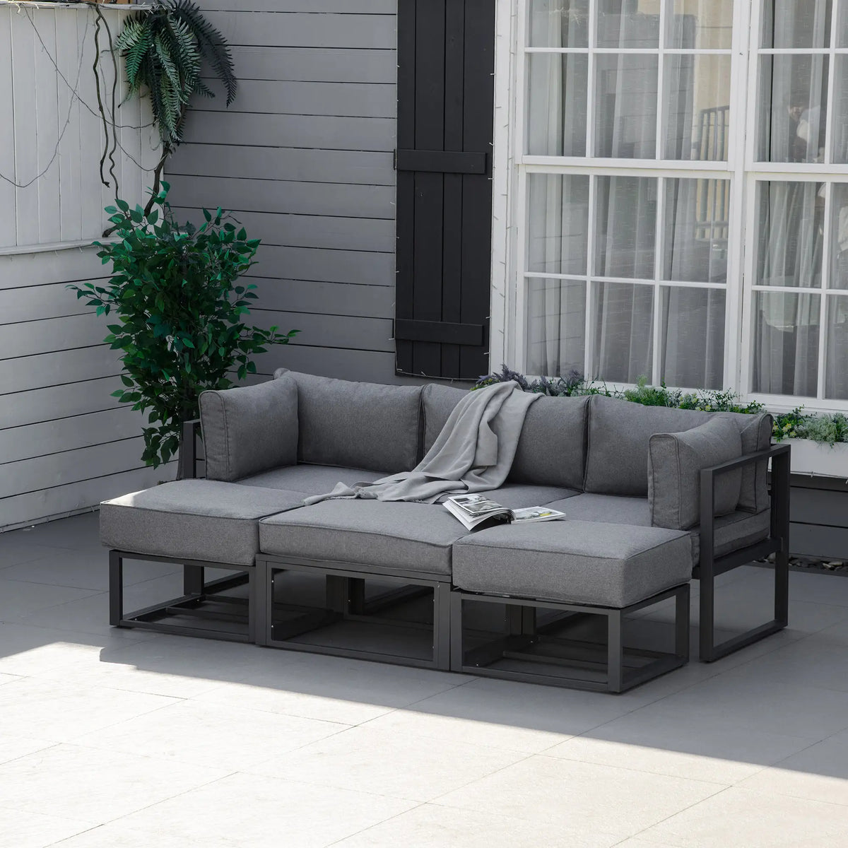 6 Piece Patio Furniture Set, Sectional Outdoor Daybed, Aluminum Frame, Grey