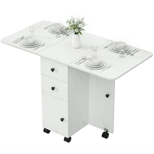 Drop Leaf Dining Table, Mobile Folding Table With Drawers, Marble White, White Dining Tables Marble White at Gallery Canada