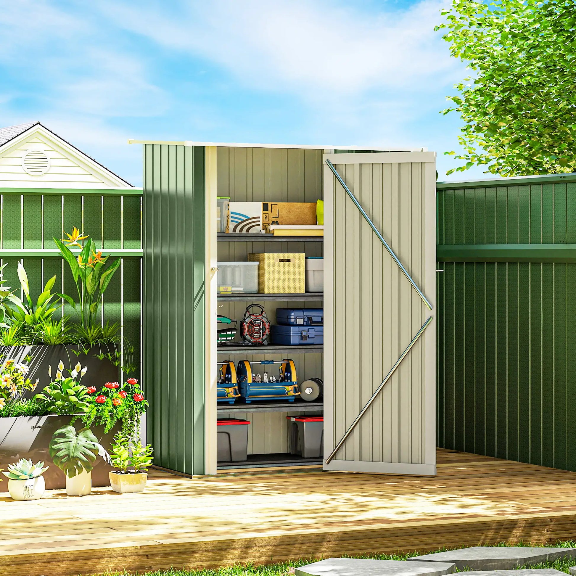 5x3ft Metal Garden Shed, Sloped Roof, Lockable Door, Light Green Sheds at Gallery Canada
