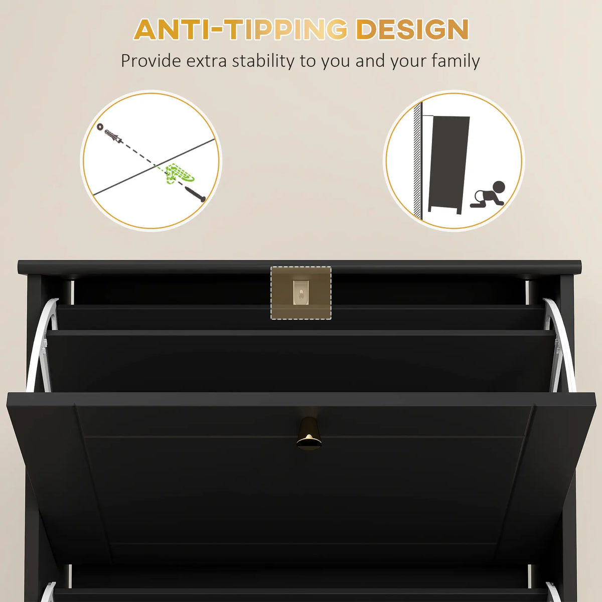 Narrow Shoe Storage, 3 Flip Drawers, Adjustable Shelves, Holds 12 Pairs, Black Shoe Storage Cabinets & Racks at Gallery Canada