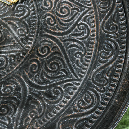Vintage Coffee Table, 24" Round, Hammered Tray Top, Metal Frame, Pewter Coffee Tables at Gallery Canada
