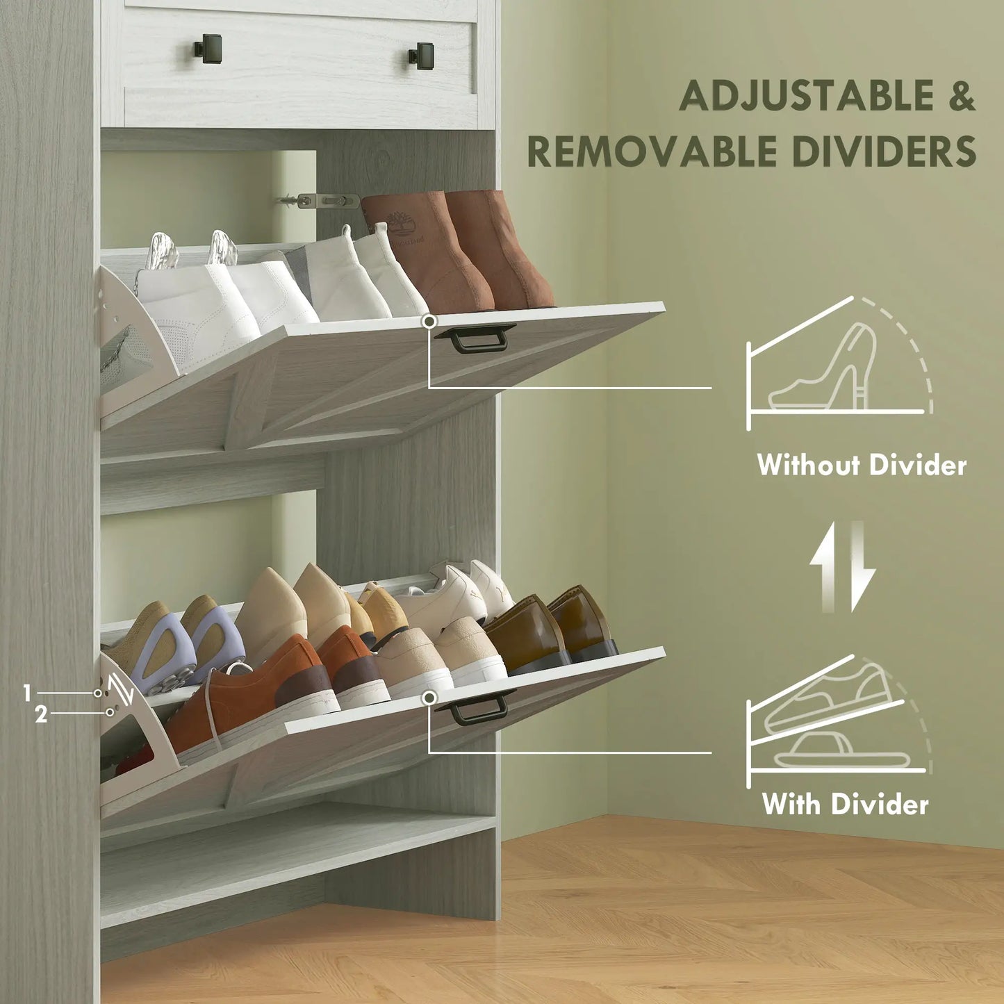 Narrow Shoe Storage Cabinet, 2 Flip Drawers, 1 Drawer, 12 Pairs, White Shoe Storage Cabinets & Racks at Gallery Canada