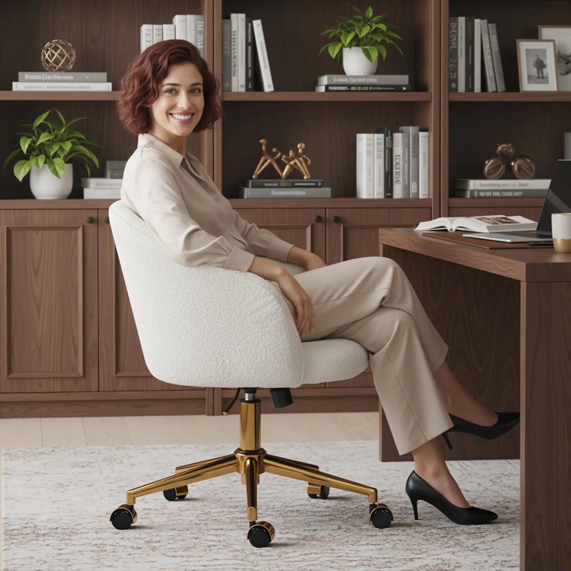 Office Chair, Teddy Fleece Upholstered Vanity Desk Chair, Cream White Task Chairs at Gallery Canada