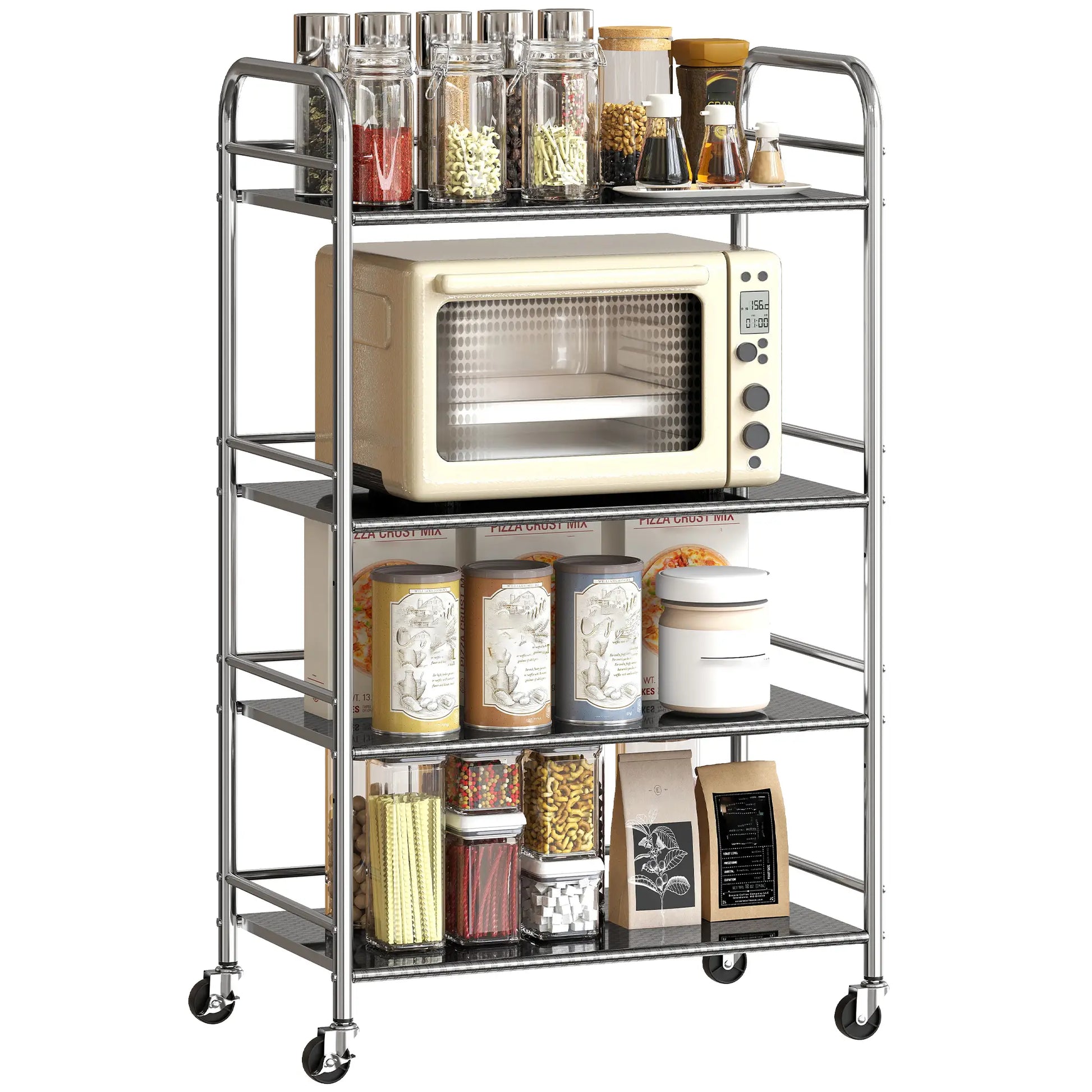 4 Tier Stainless Steel Rolling Cart, Adjustable Shelves, Wheels, Silver Kitchen Islands & Kitchen Carts at Gallery Canada