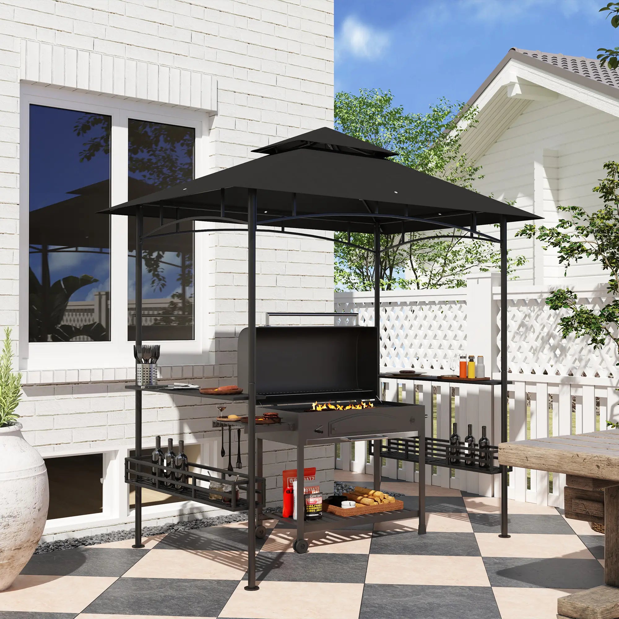 8' x 5' BBQ Gazebo, 2-Tier With Shelves, Storage Basket, Dark Grey BBQ Grill Gazebos at Gallery Canada