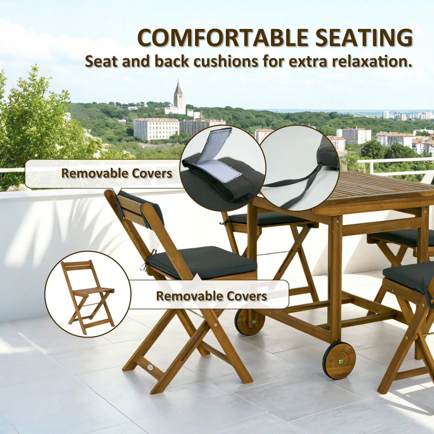 5-Piece Wood Patio Dining Set, Wheeled Table, Folding Chairs with Cushions, Teak Outdoor Dining Sets at Gallery Canada