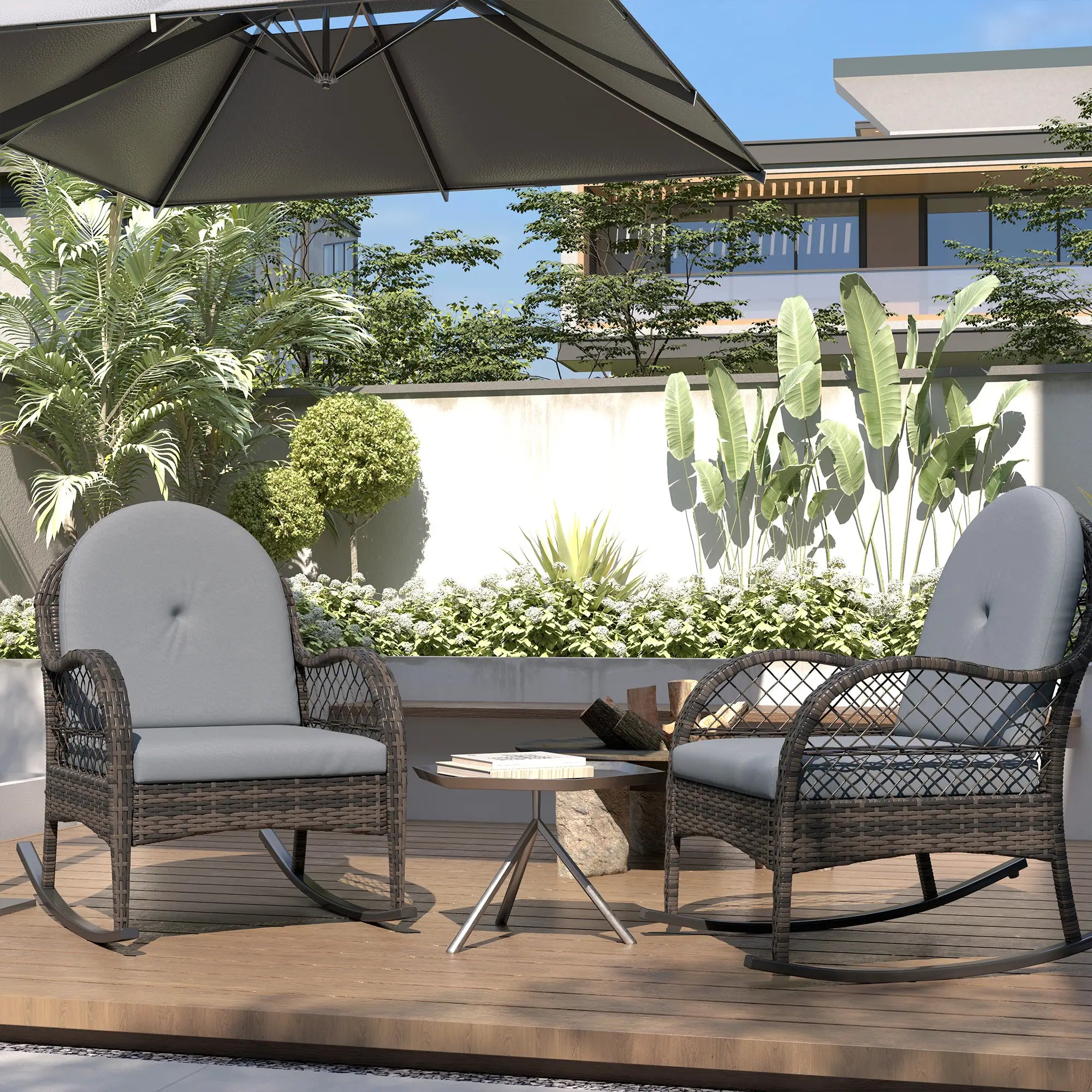 2 Wicker Rocking Patio Chairs, Indoor Outdoor Set with Cushions, Grey Outdoor Rocking Chairs at Gallery Canada