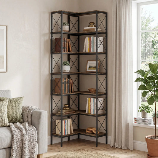 6-Tier L-Shaped Bookshelf, Freestanding Corner Bookcase with Metal Frame, Rustic Brown Display Bookshelves Rustic Brown, Black at Gallery Canada