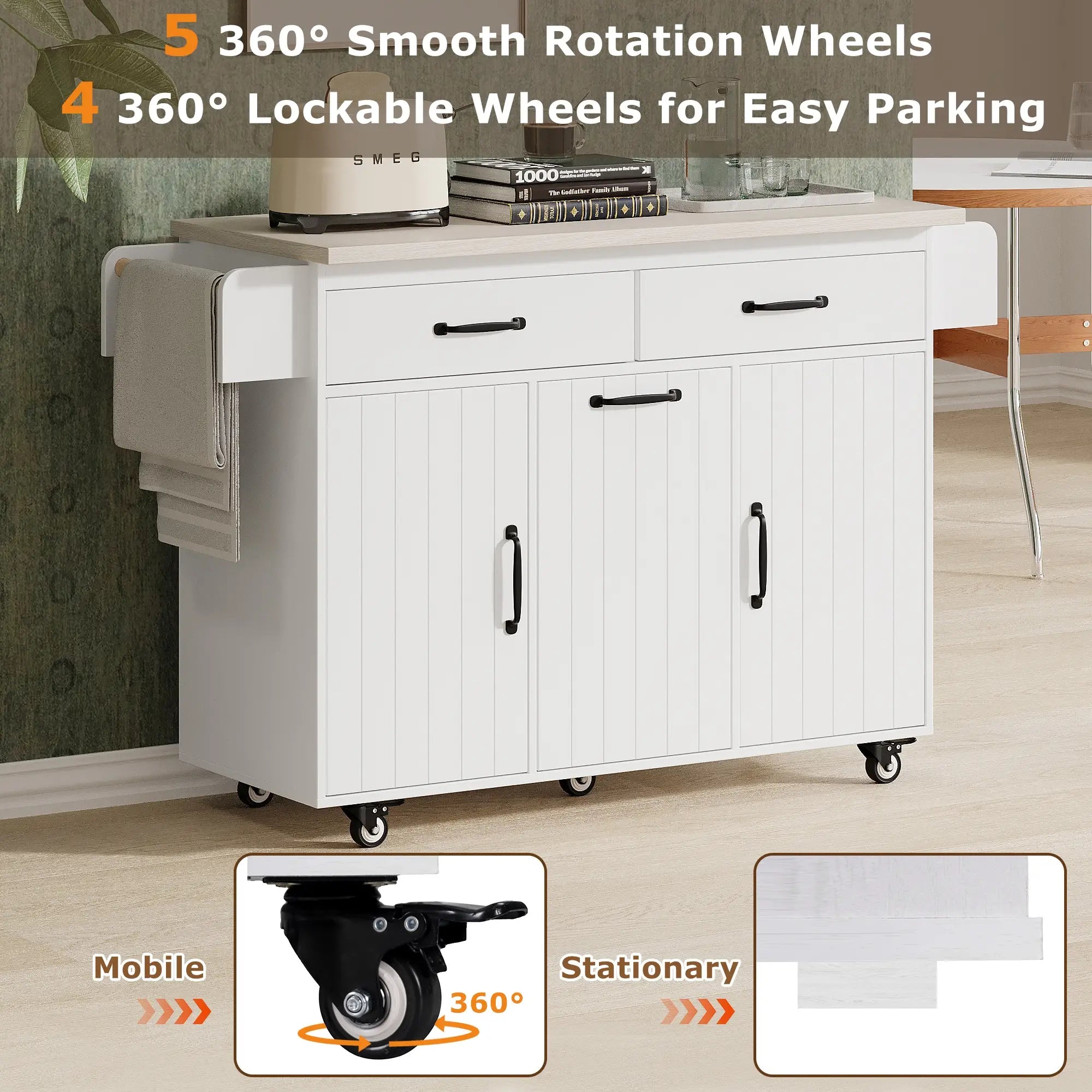 Kitchen Island with Tilt-Out Trash Cabinet, Adjustable Shelf, 51