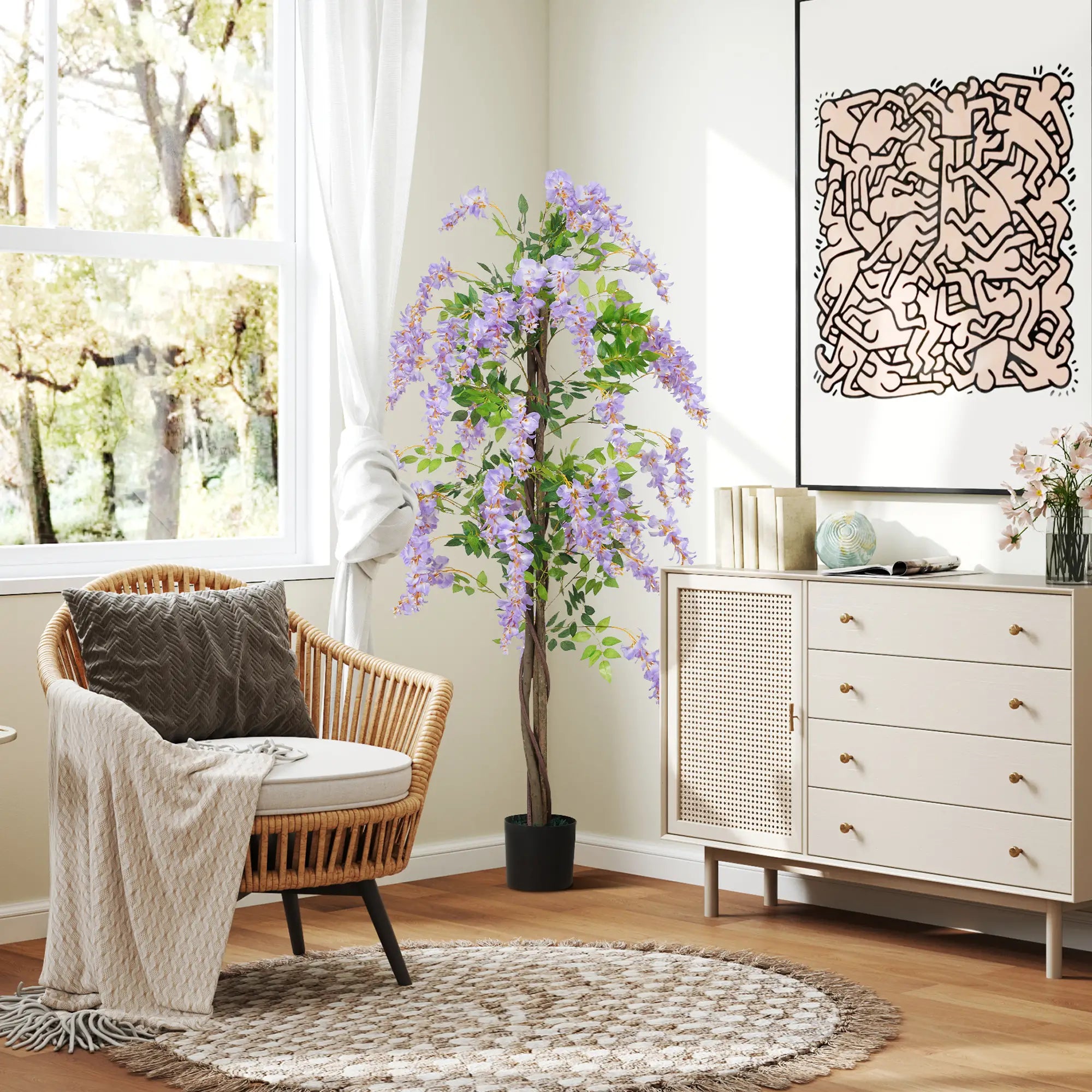 5.9FT Artificial Wisteria Tree, Natural Wood Trunk, Nursery Pot, Purple Artificial Trees at Gallery Canada
