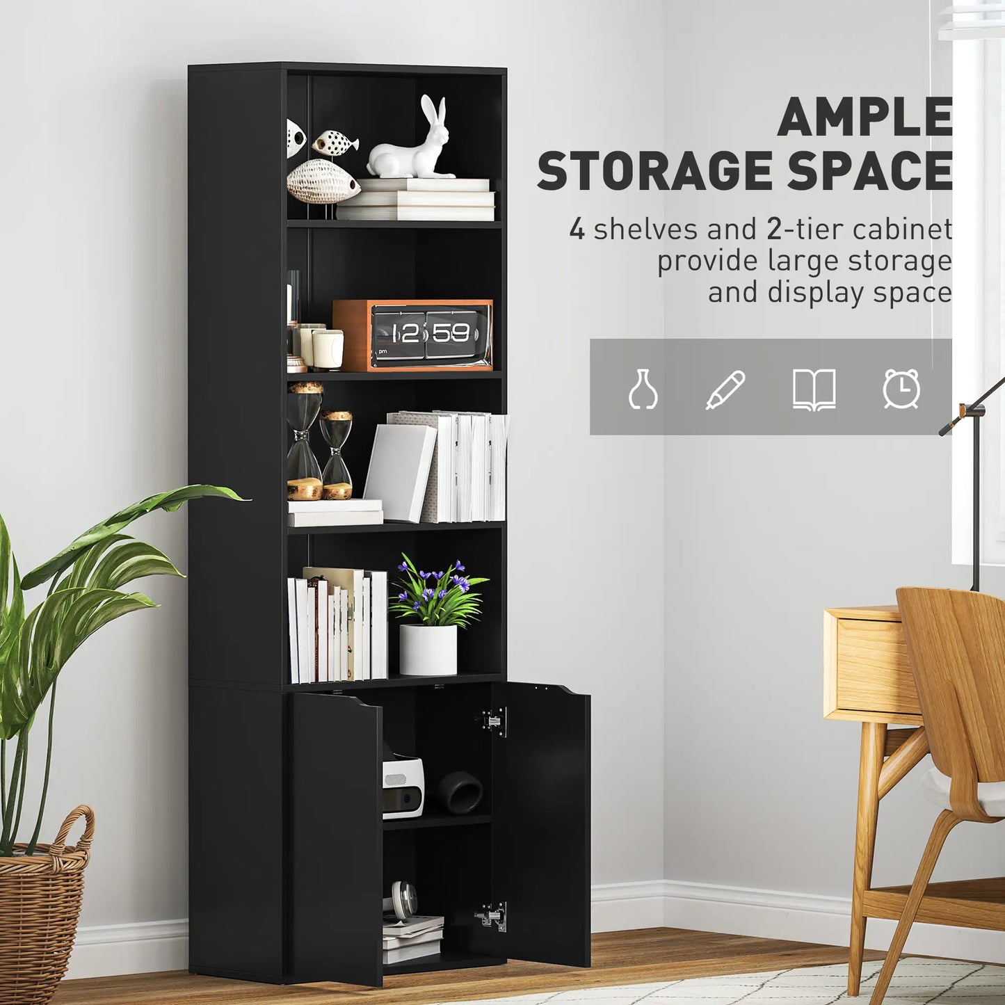 4-Tier Open Bookshelf with Doors, Home Office Storage, Black Bookcases With Doors at Gallery Canada