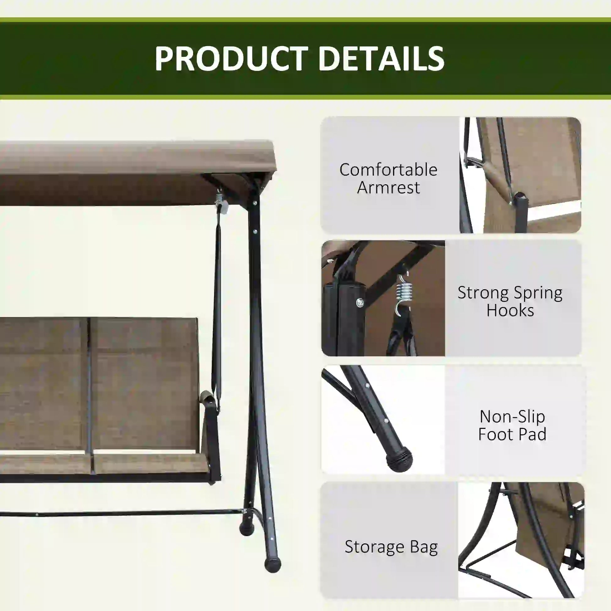 3 Person Porch Swing, High Back, Side Pouches, Adjustable Canopy, Brown Patio Swings with Stand at Gallery Canada