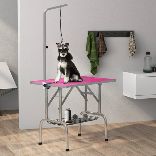 Foldable Dog Grooming Table, Height Adjustable Arm, Storage Shelf, Pink Dog Grooming Tables Pink, Silver at Gallery Canada