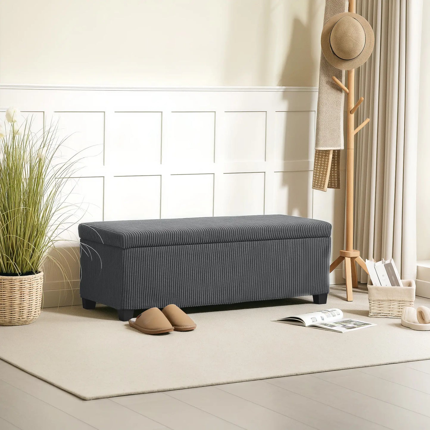 44 Inches Ottoman Storage Bench, Corduroy Lid, Grey