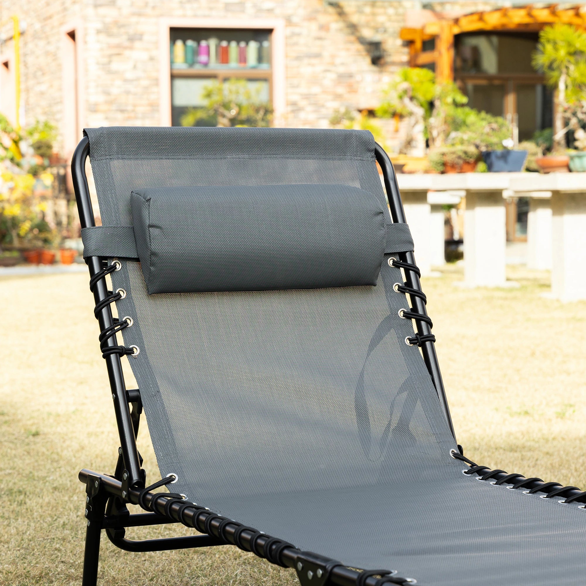 Outdoor Folding Chaise Lounge, Adjustable Backrest, Removable Pillow, Grey Lounger Chairs at Gallery Canada